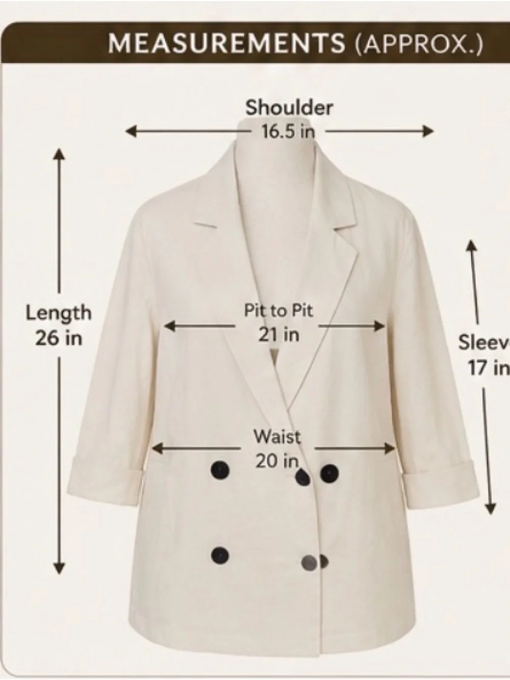 ZARA Medium Linen Blend Double-Breasted 3/4 Sleeve Blazer Light Beige
